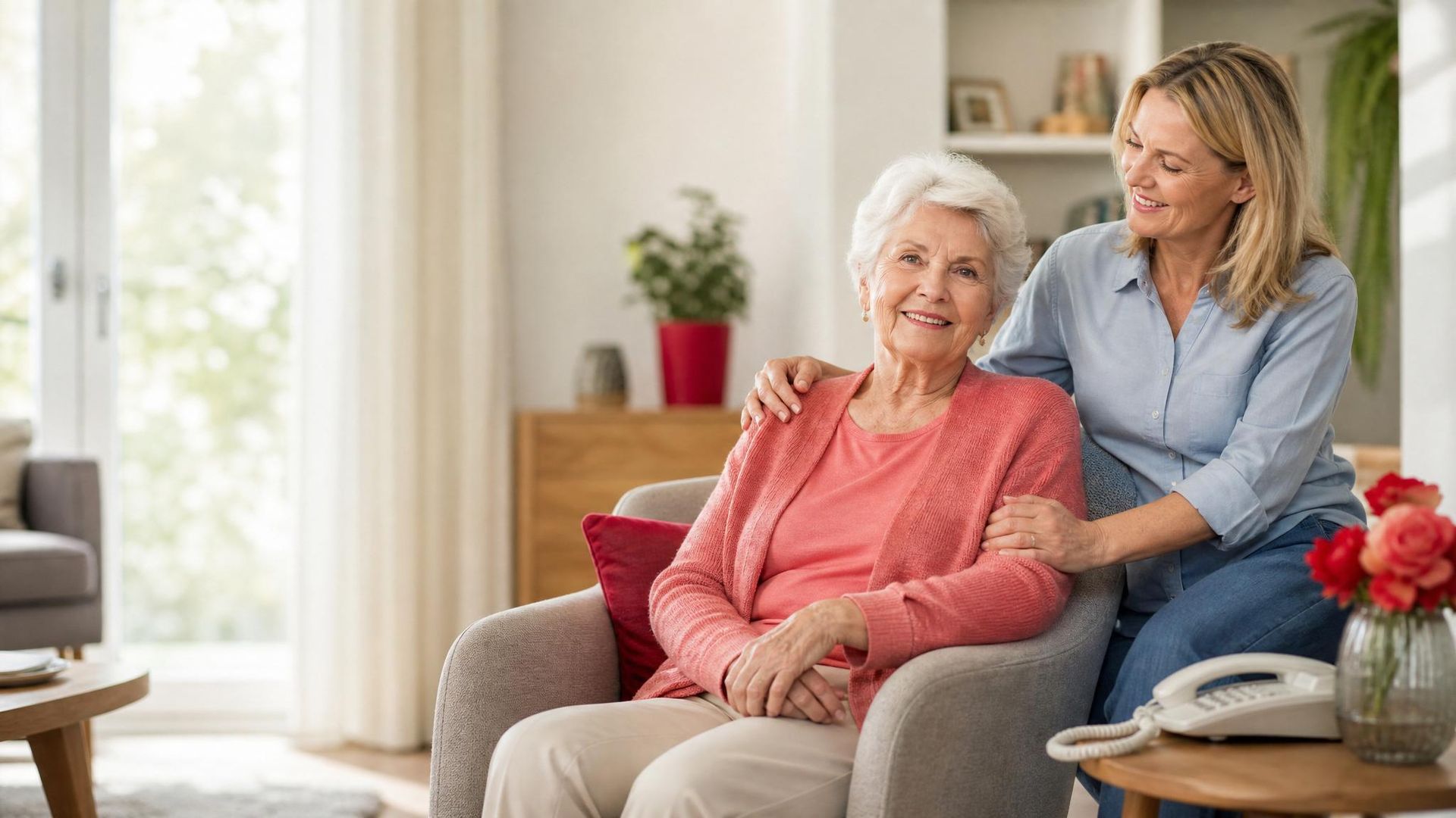 Seniorin telefoniert entspannt zuhause, während ein Angehöriger unterstützt