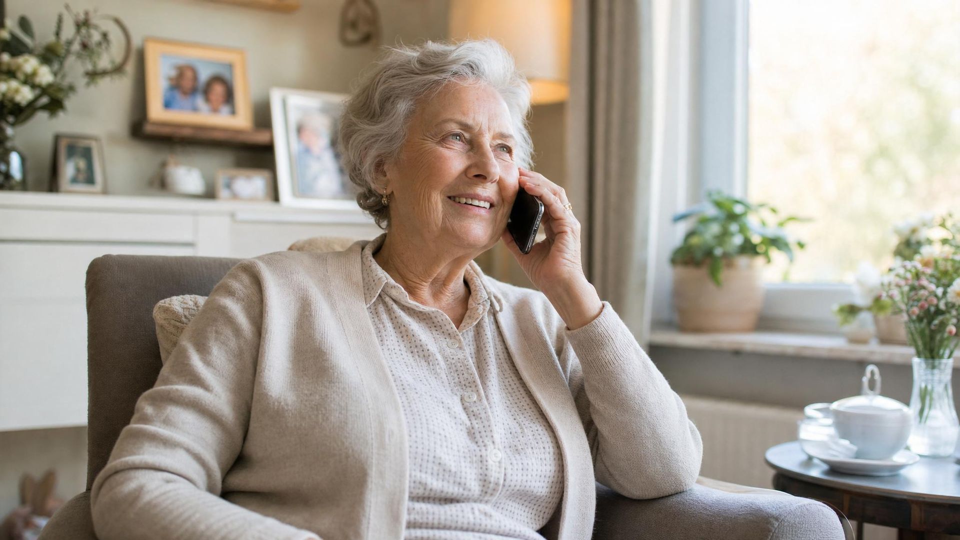 Seniorin telefoniert mit vertrauter Familie